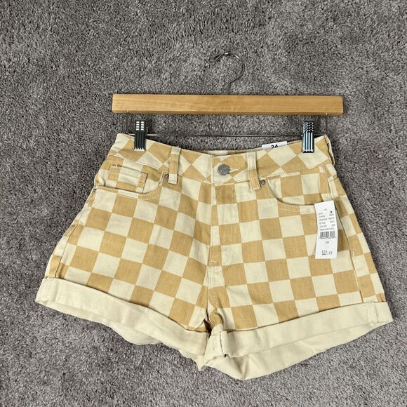 Pacsun Mom Shorts Womens 24 Multicolor Checker Print Cuffed Pockets Cotton New - Picture 1 of 12